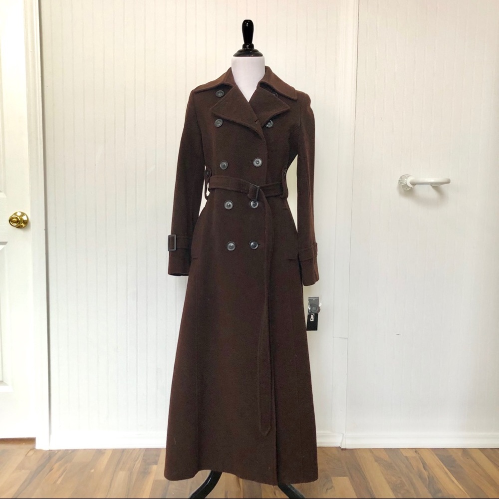 DKNY long wool double breasted brown coat